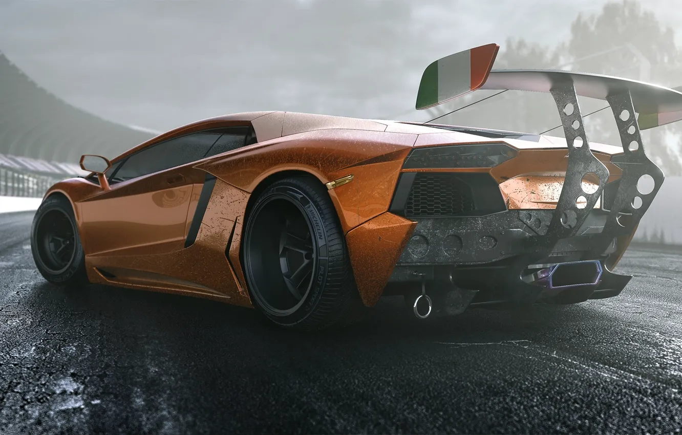 Фото обои Lamborghini, Tuning, LP700-4, Aventador, Supercar, Wheels, Track, Spoiler