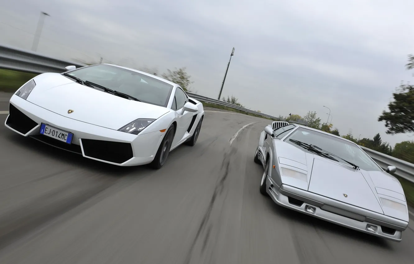 Фото обои дорога, Lamborghini, Gallardo, передок, and, суперкары, Countach, Ламборгини