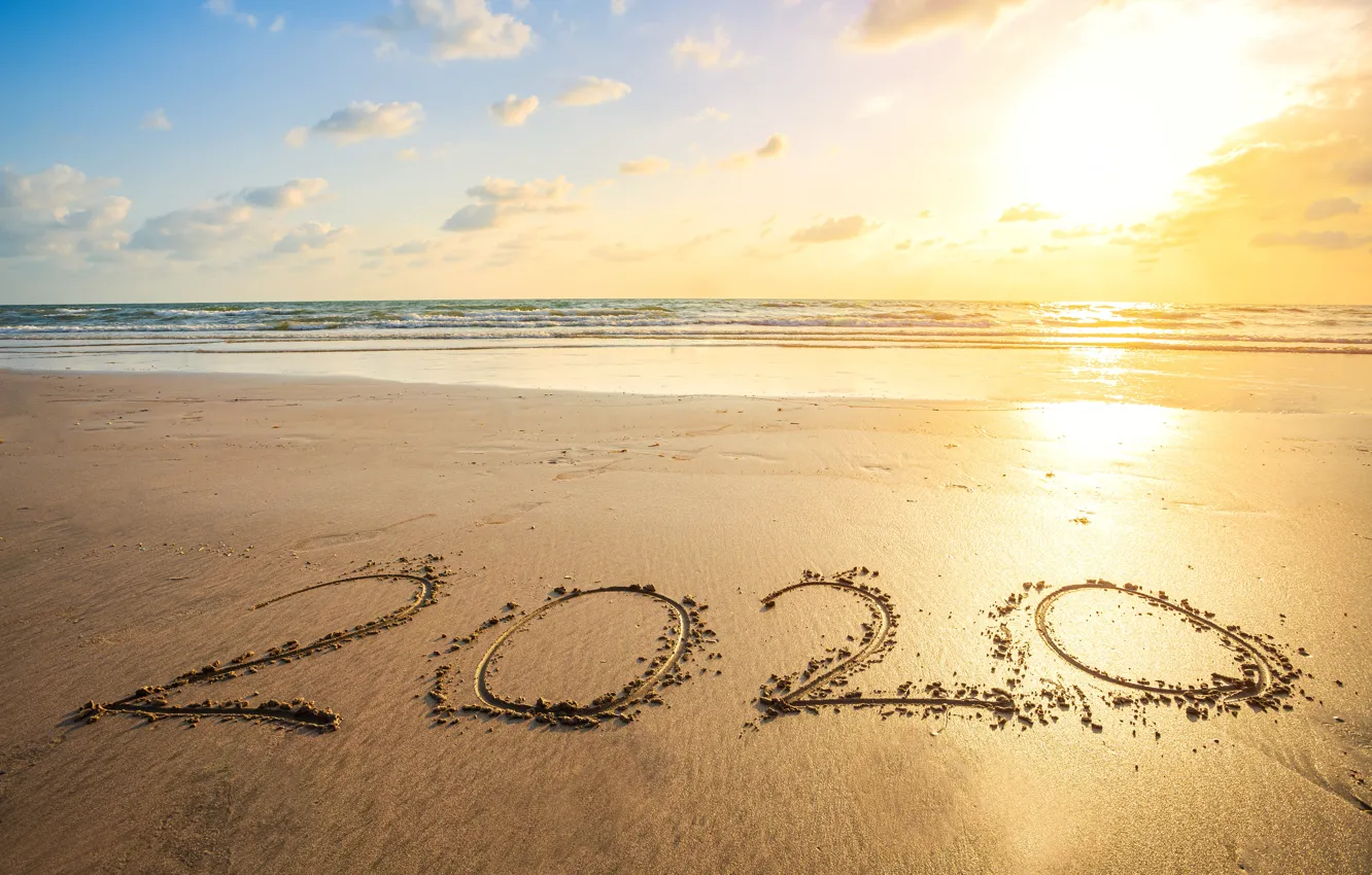Фото обои песок, море, пляж, Новый год, new year, happy, beach, sea