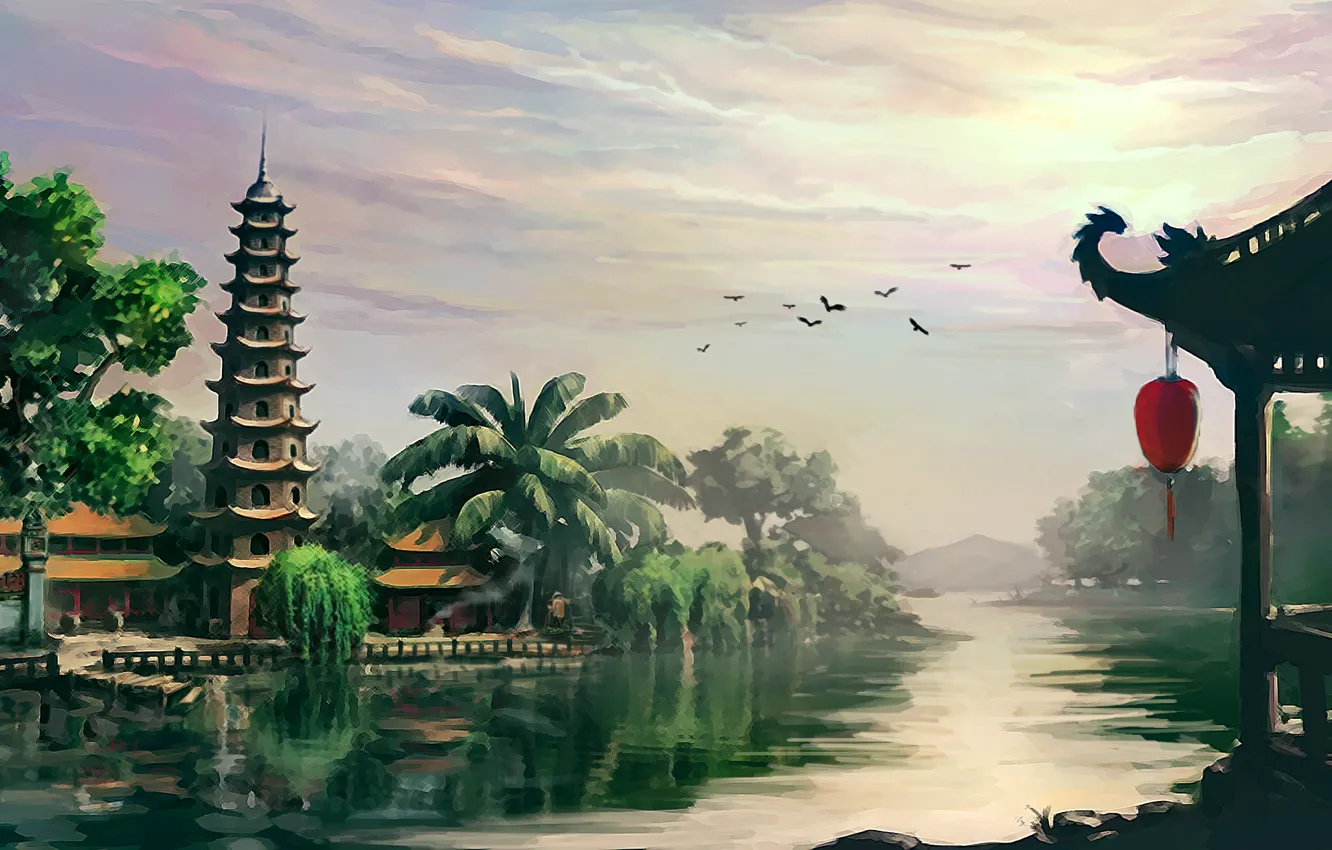 Фото обои пейзаж, река, азия, храм, пагода, вьетнам