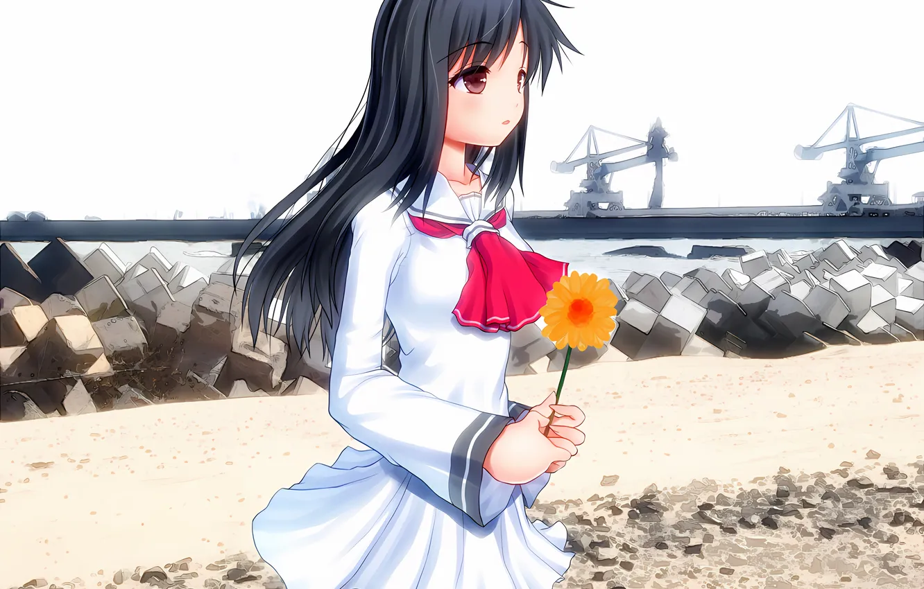 Фото обои girl, beach, flower, long hair, dress, sea, anime, beautiful