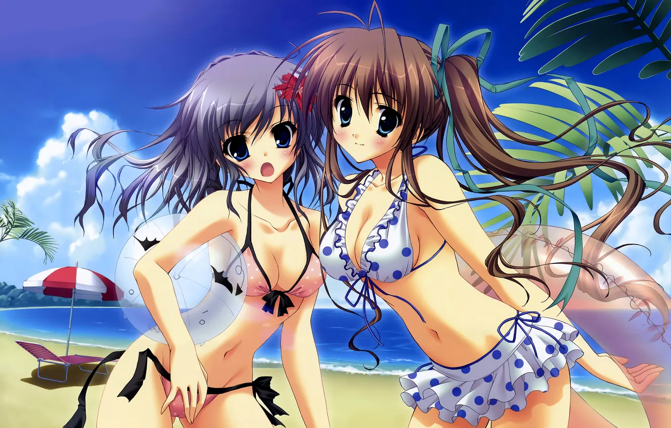 Фото обои sexy, cleavage, beach, flower, long hair, sea, girls, brown hair