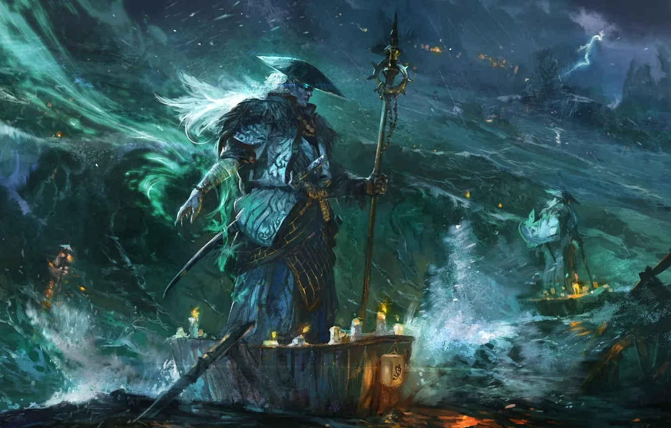 Фото обои море, шторм, молнии, дух, лодки, шляпа, свечи, арт