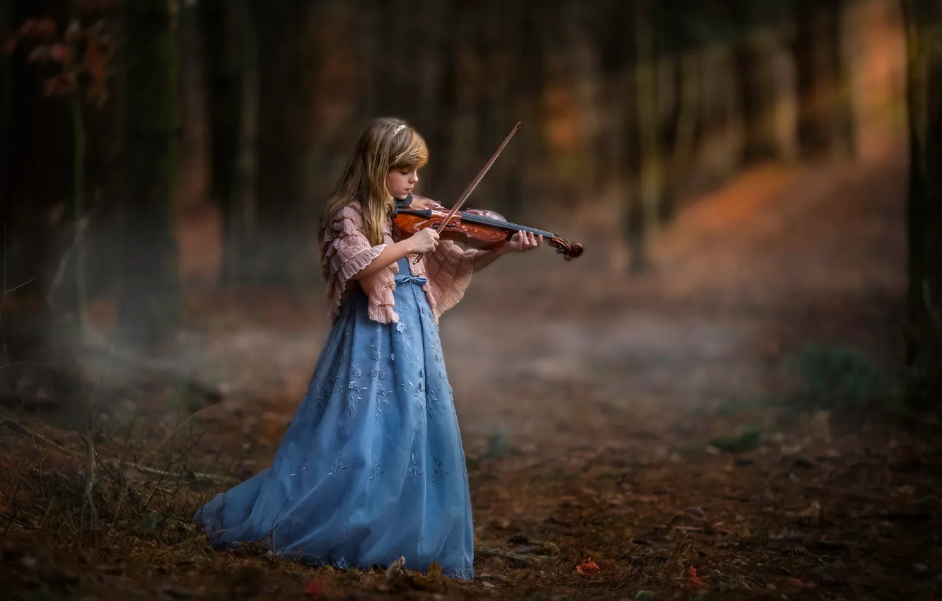 Фото обои лес, скрипка, девочка