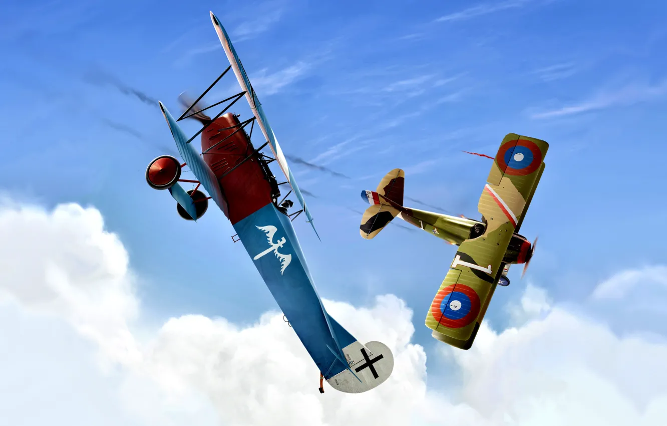 Фото обои истребитель, Биплан, скоростной, WWI, Fokker D.VII, Первая Мировая Война, Германская империя, SPAD XIII