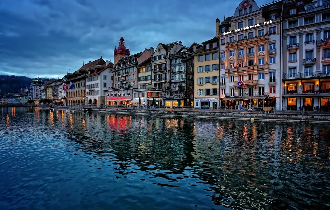 Фото обои здания, Швейцария, набережная, Switzerland, Люцерн, Lucerne, река Ройс, Reuss River
