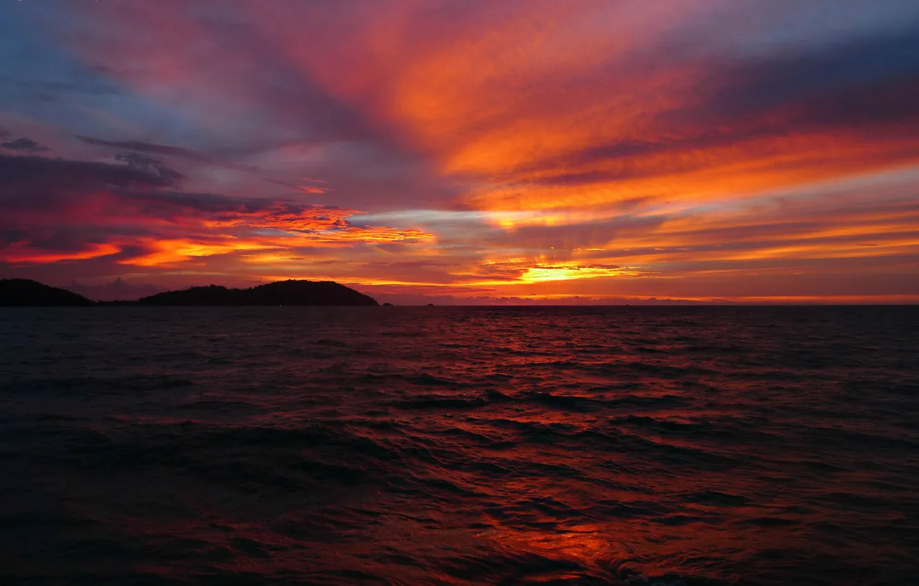 Фото обои море, небо, солнце, облака, закат, красный, тучи, горизонт