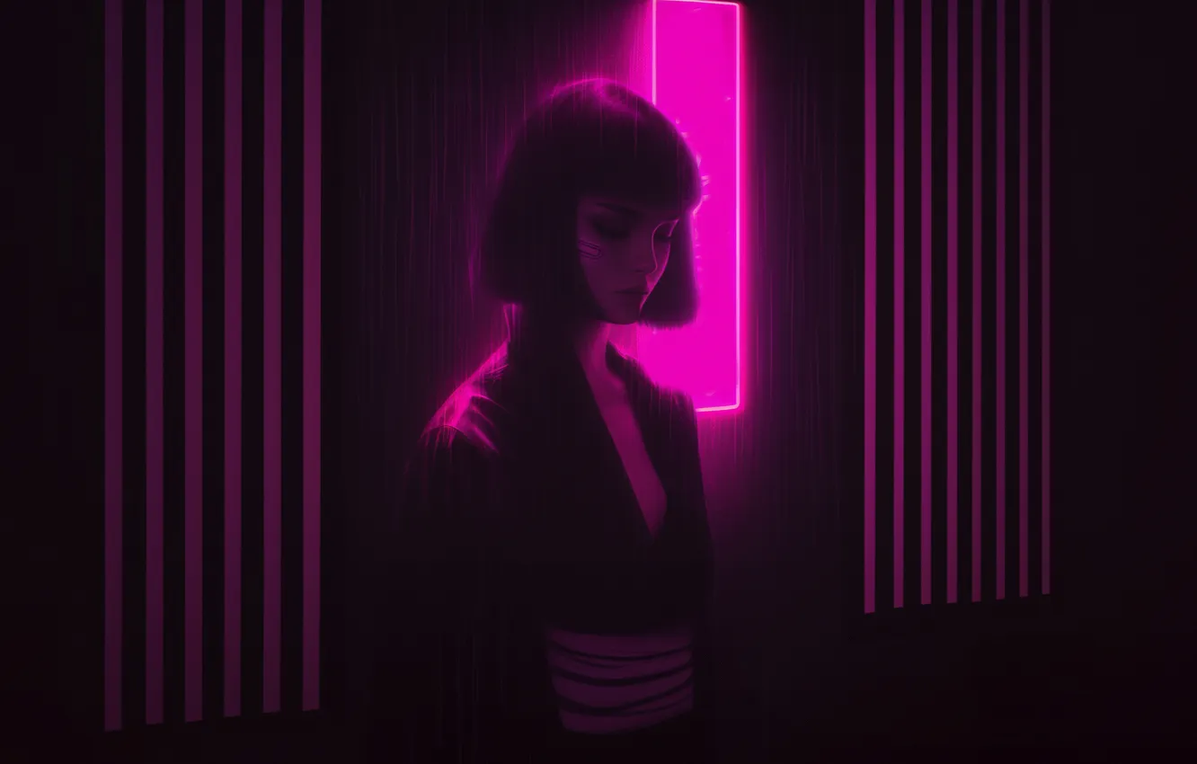 Фото обои Neon, Short Hair, Girl, Pink, Nights