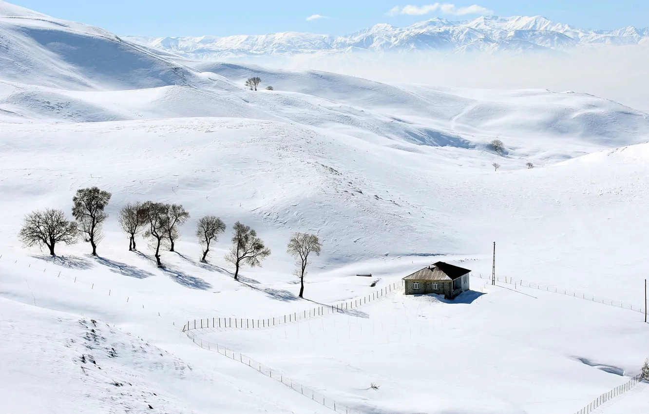 Фото обои house, winter, snow, hills