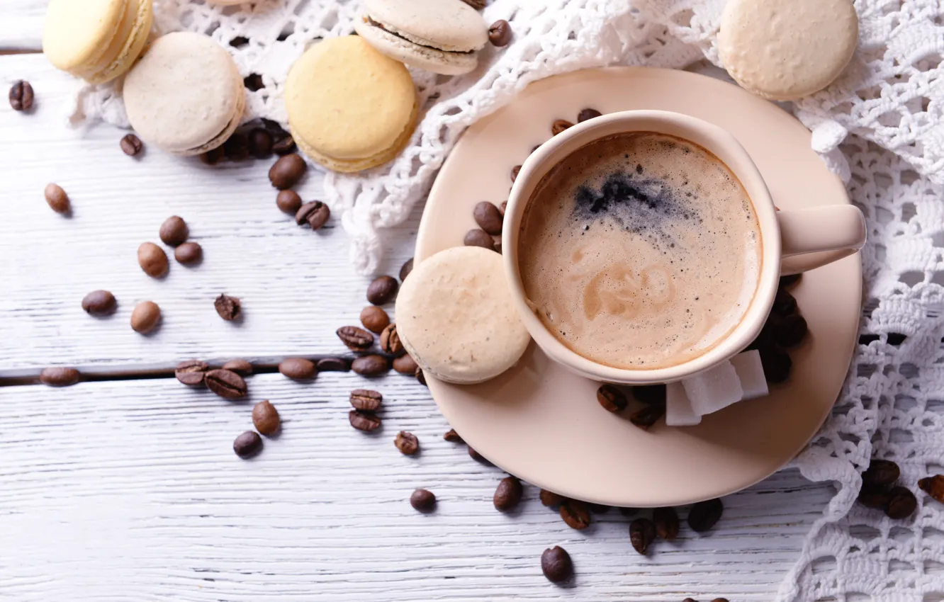 Фото обои кофе, чашка, пирожное, cup, beans, coffee, макарун