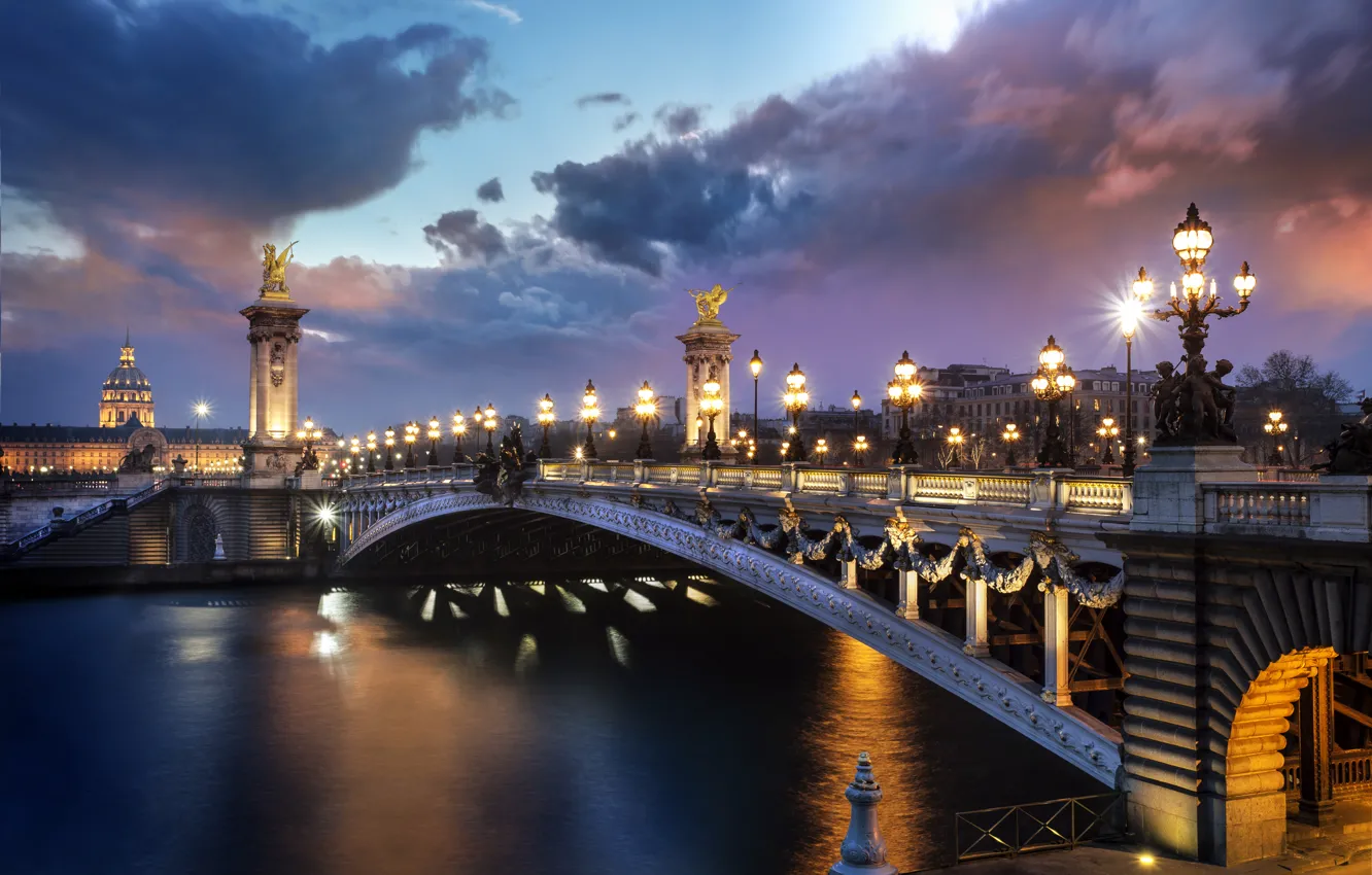 Фото обои мост, огни, река, Франция, Париж, вечер, фонари