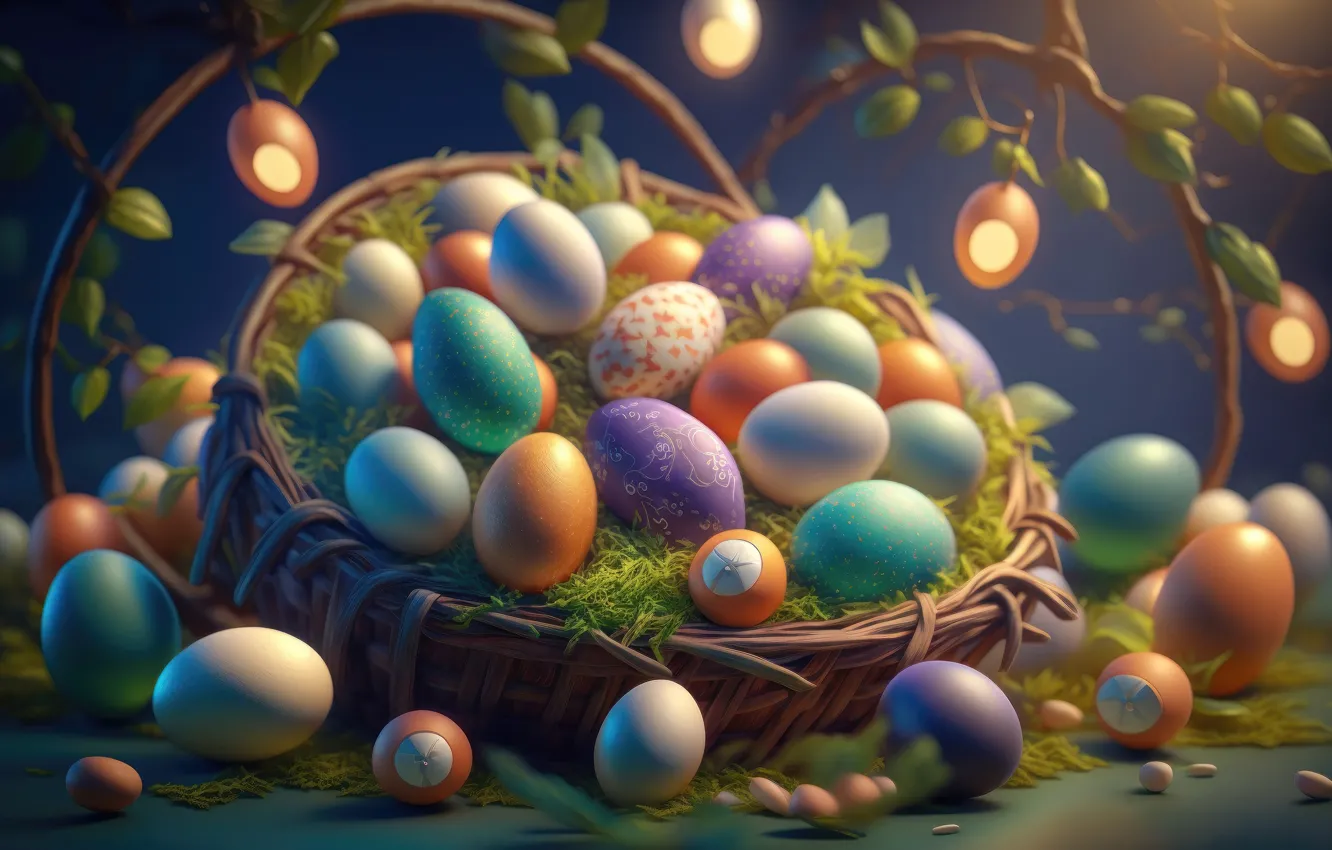 Фото обои яйца, Пасха, корзинка, разноцветные, крашенки, нейросеть