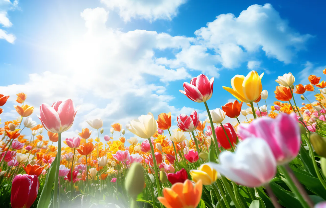 Фото обои поле, цветы, весна, colorful, тюльпаны, sunshine, цветение, blossom