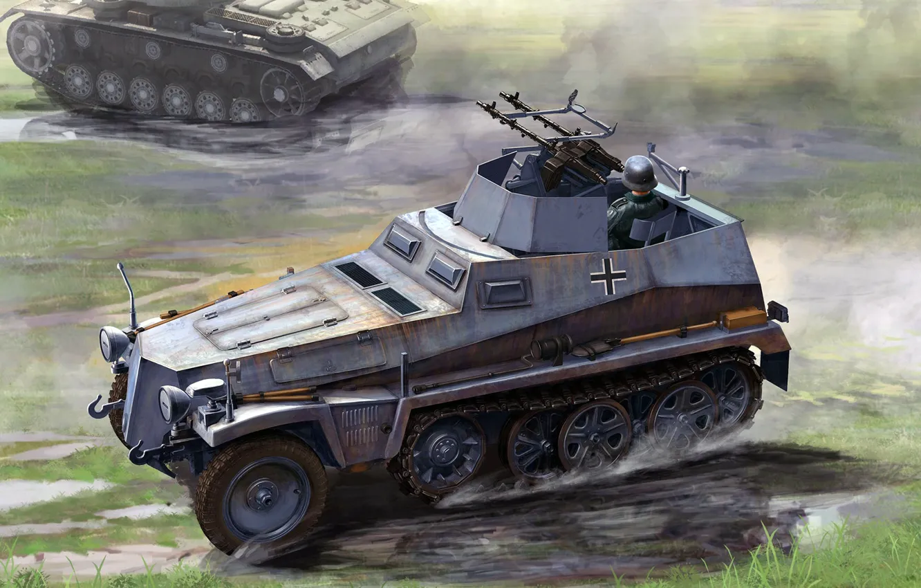 Фото обои Ausf A, Sonderkraftfahrzeug 250, Antiaircraft variant, Leichter Gepanzerter Kraftwagen, германский лёгкий полугусеничный бронетранспорт, специальное автотранспортное …