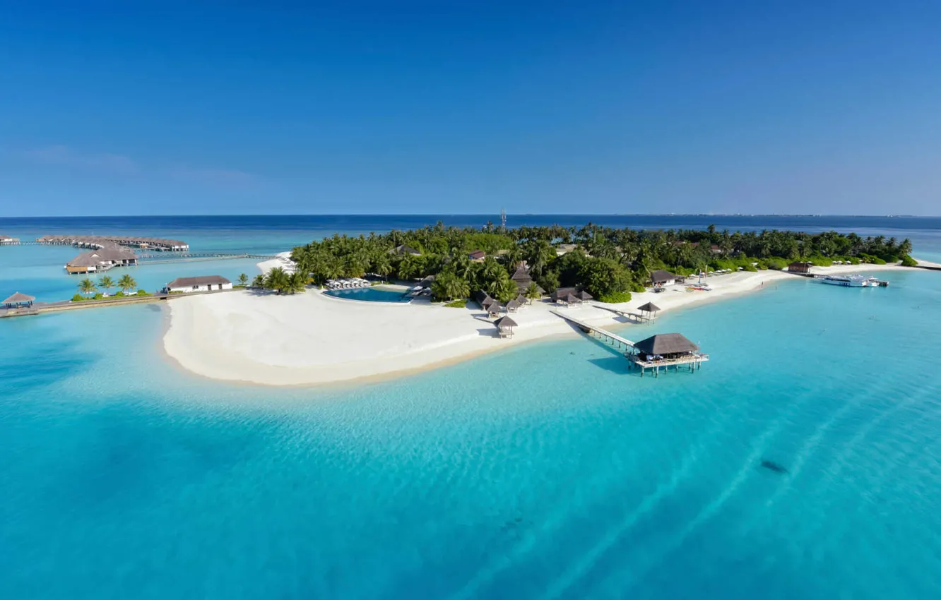 Фото обои пальмы, океан, остров, Мальдивы, курорт, лагуна, Maldives, Velassaru