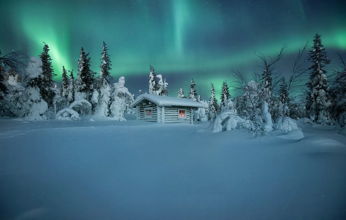 Фото обои зима, снег, деревья, избушка, северное сияние, сугробы, хижина, Финляндия