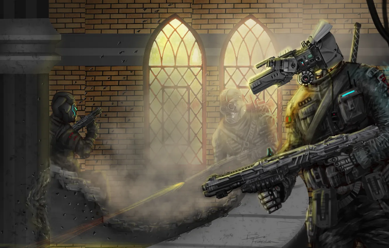 Фото обои оружие, робот, выстрел, арт, солдат, колонны