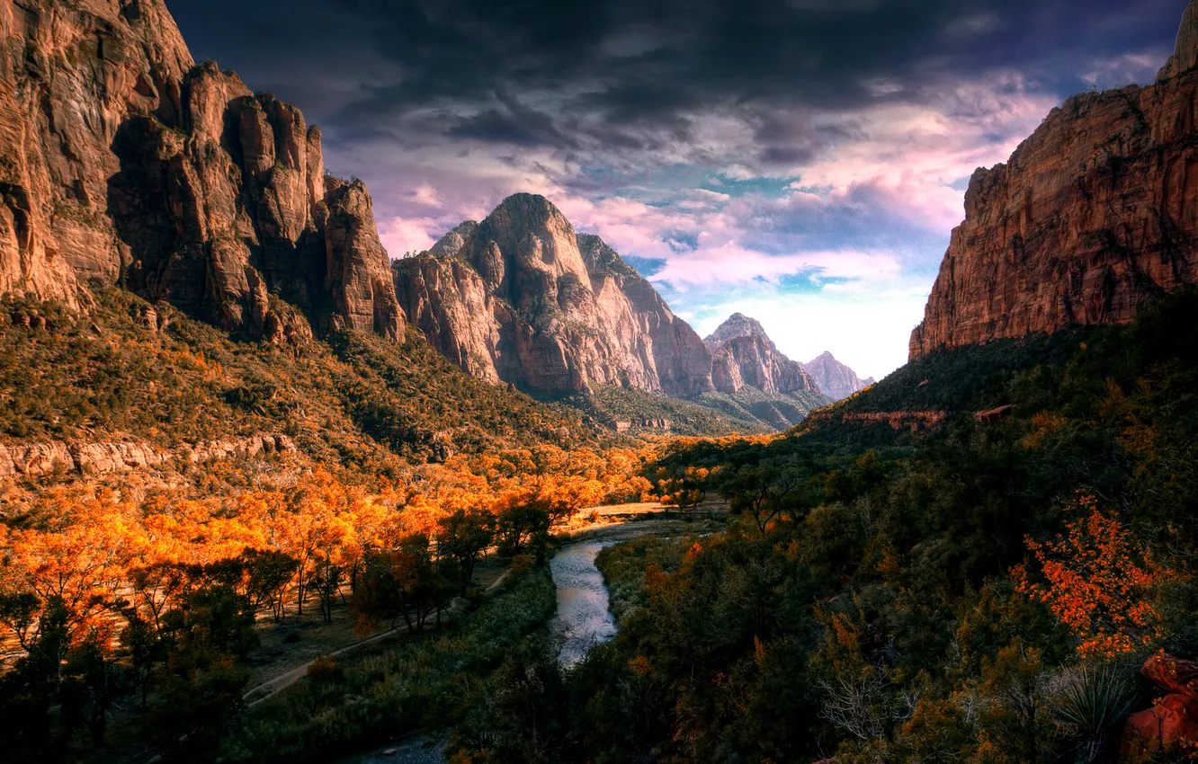 Фото обои осень, горы, река, долина