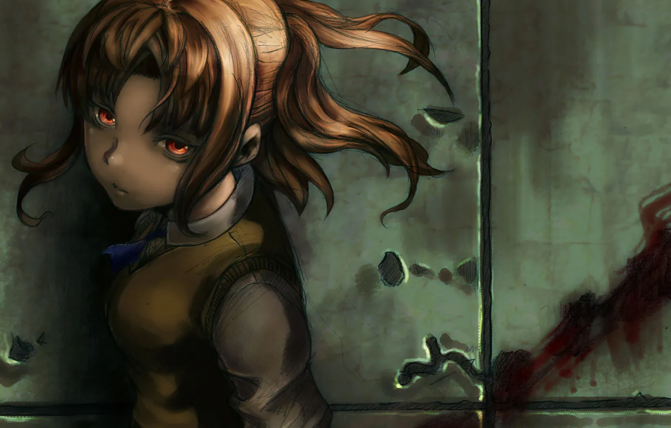 Фото обои взгляд, девушка, стена, кровь, форма, shingetsutan tsukihime, yumizuka satsuki