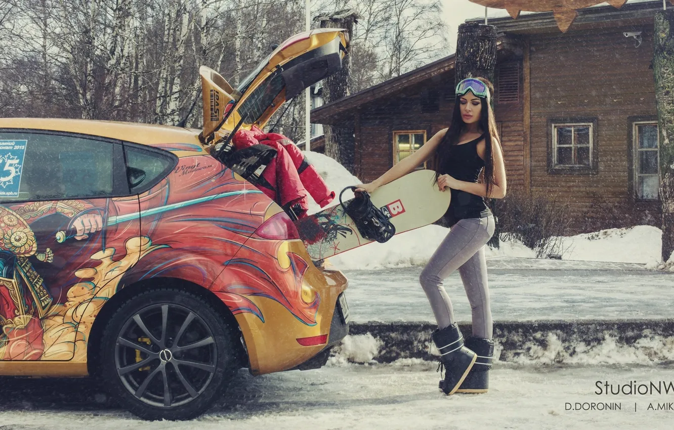 Фото обои зима, машина, авто, девушка, снег, деревья, дом, улица