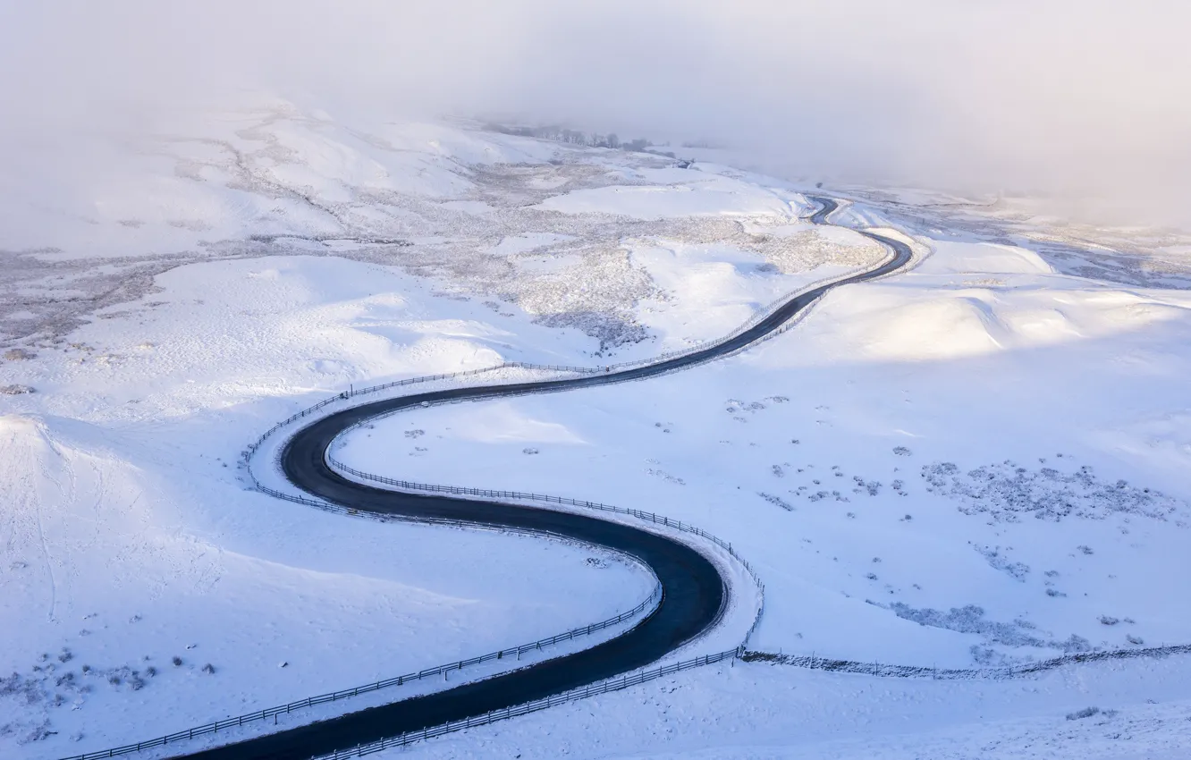 Фото обои зима, дорога, природа, туман, долина
