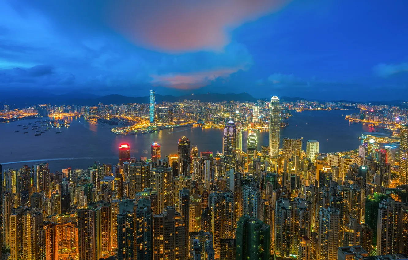 Фото обои море, пейзаж, город, ночные огни, Гонконг, Китай, ночные города