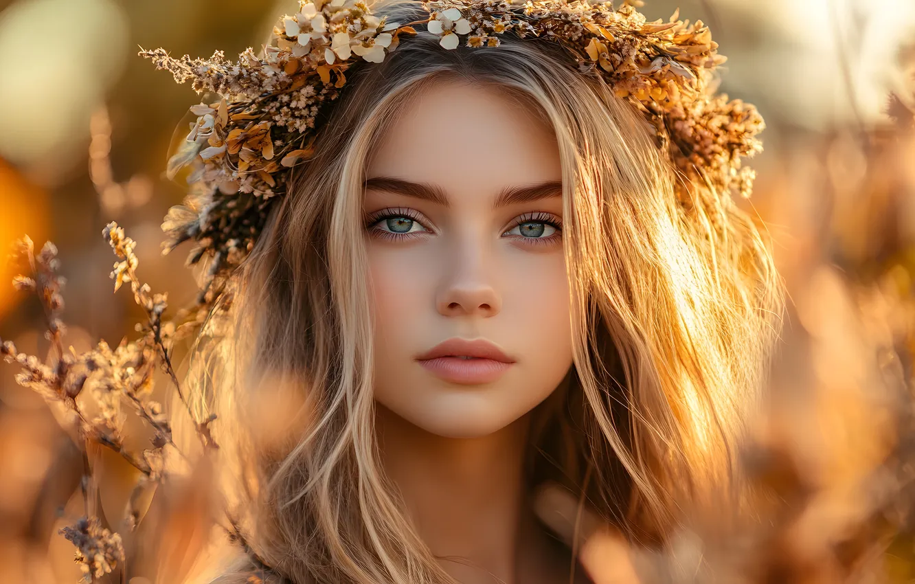 Фото обои поле, лето, взгляд, девушка, свет, цветы, природа, лицо