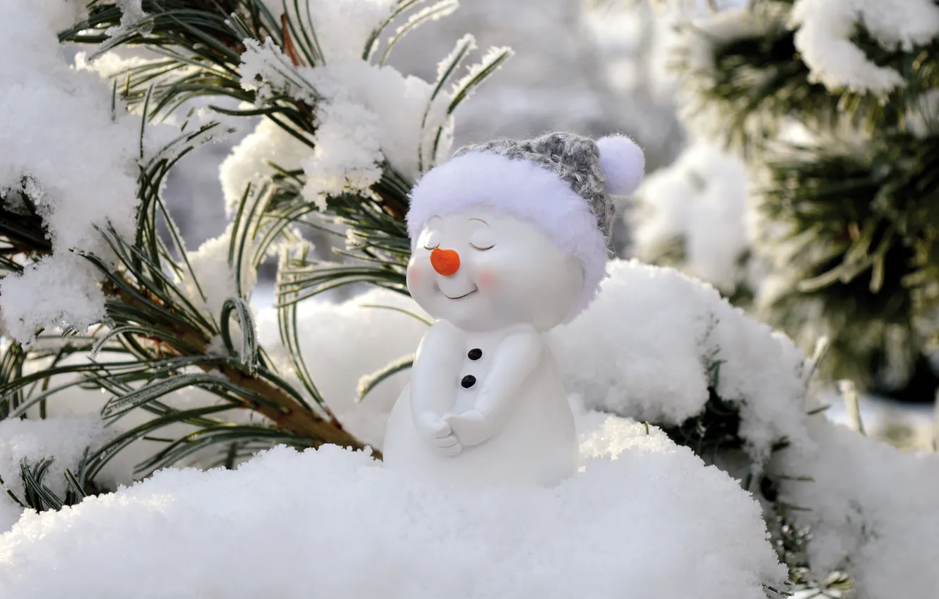 Фото обои зима, свет, снег, ветки, природа, поза, улыбка, игрушка