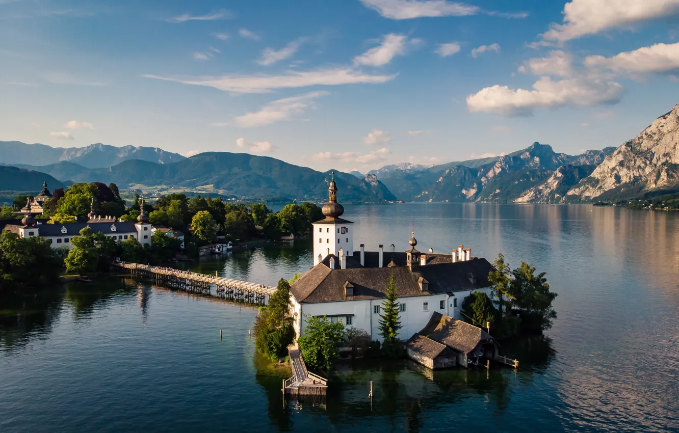 Фото обои горы, остров, Австрия, церковь, водоем, озеро Траунзе