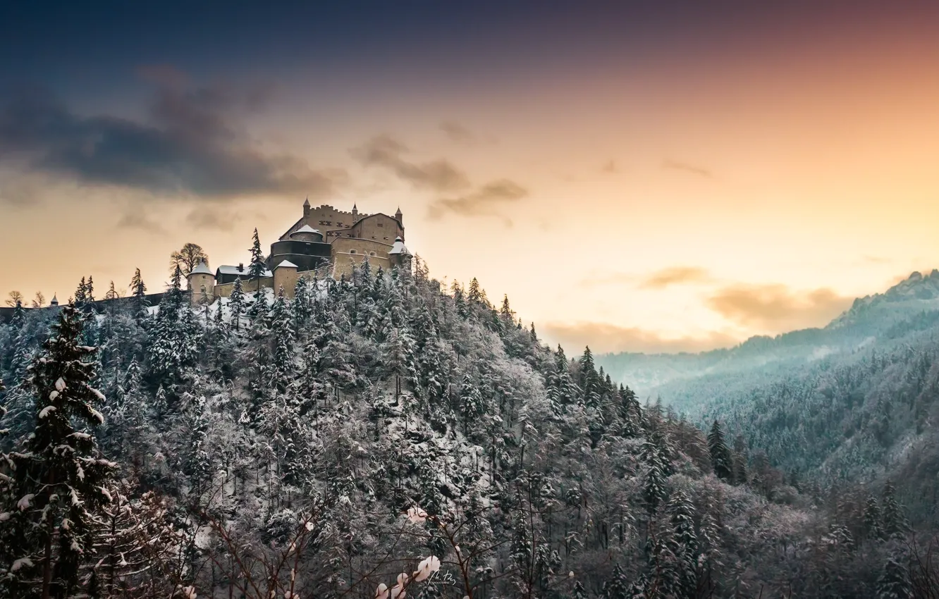 Фото обои зима, замок, гора
