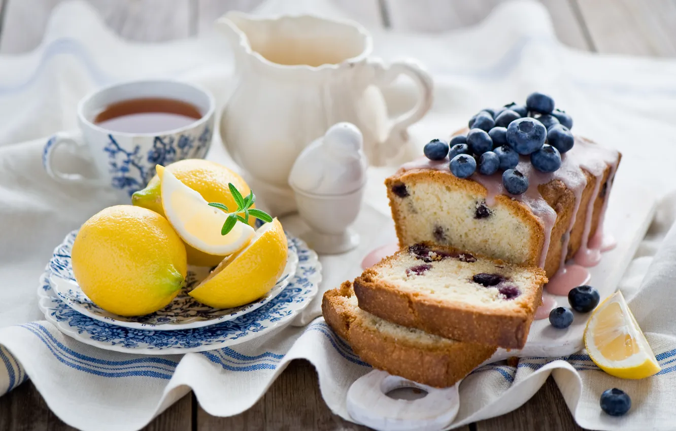Фото обои ягоды, чай, натюрморт, лимоны, кекс