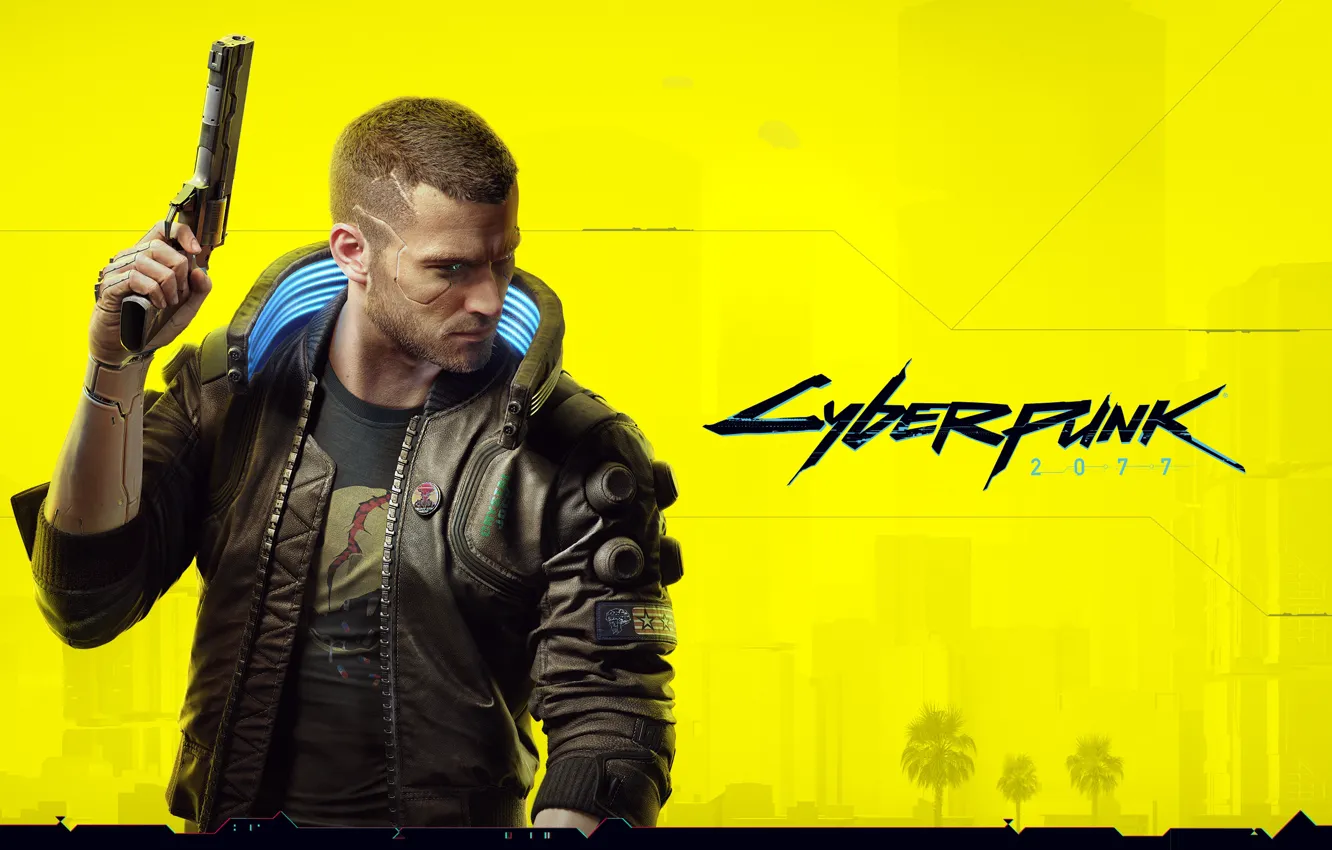Фото обои желтый, стиль, пистолет, оружие, стрижка, куртка, киберпанк, персонаж