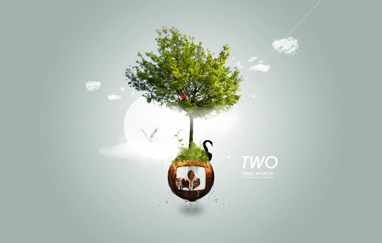 Фото обои животные, дерево, шар, логотип, лебедь