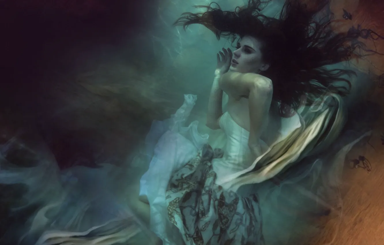 Фото обои вода, девушка, платье, под водой