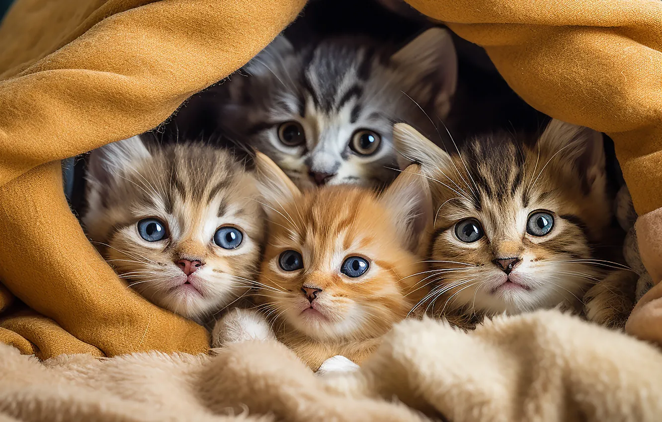 Фото обои кошки, котята, малыши, компания, милота, мордашки, ИИ-арт, нейросеть