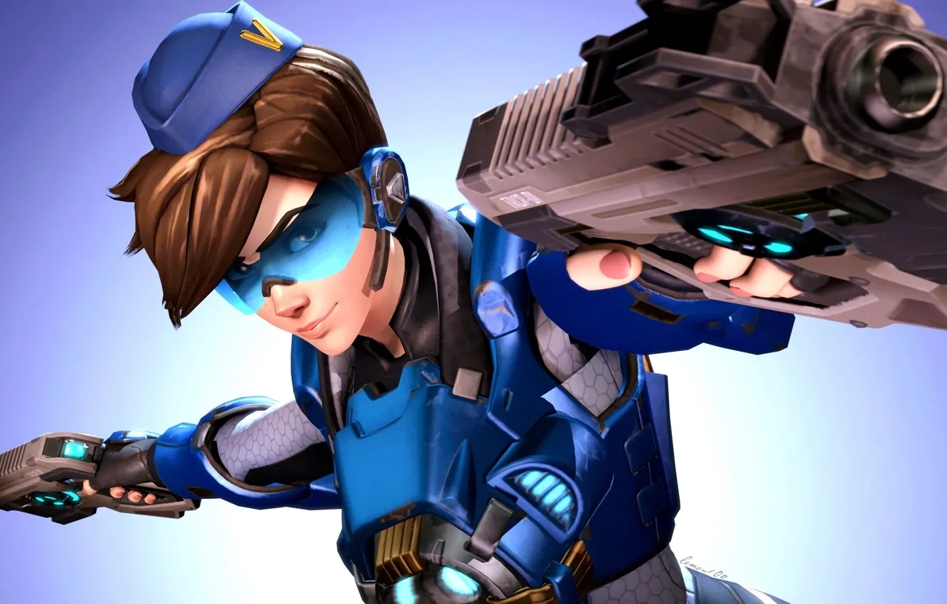Фото обои girl, gun, pistol, game, weapon, Overwatch, Tracer