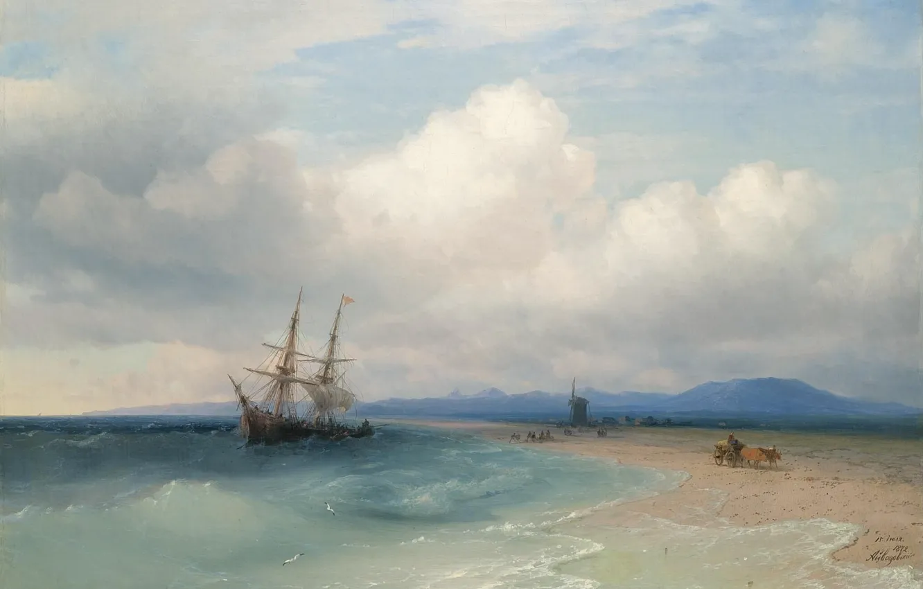 Фото обои корабль, картина, мельница, повозка, морской пейзаж, Иван Айвазовский, 1872, Плавание у Крымских Берегов