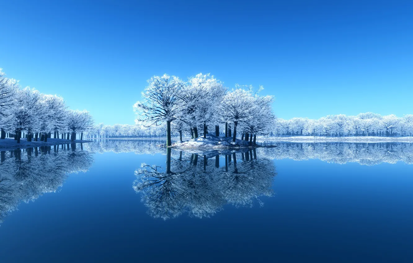 Фото обои зима, снег, деревья, озеро, отражение, Природа