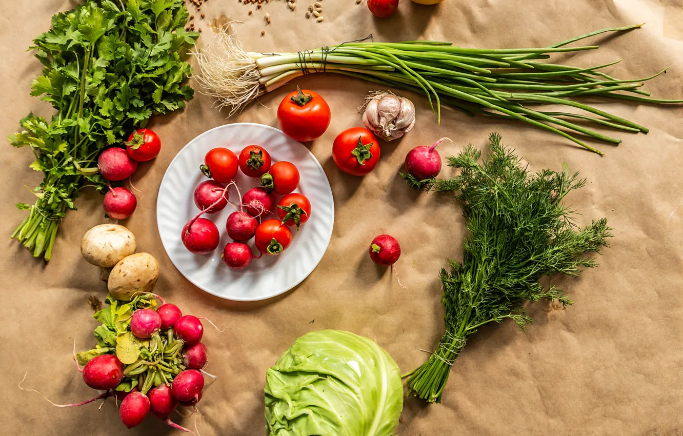 Фото обои зелень, лук, укроп, овощи, капуста, петрушка, чеснок, картофель
