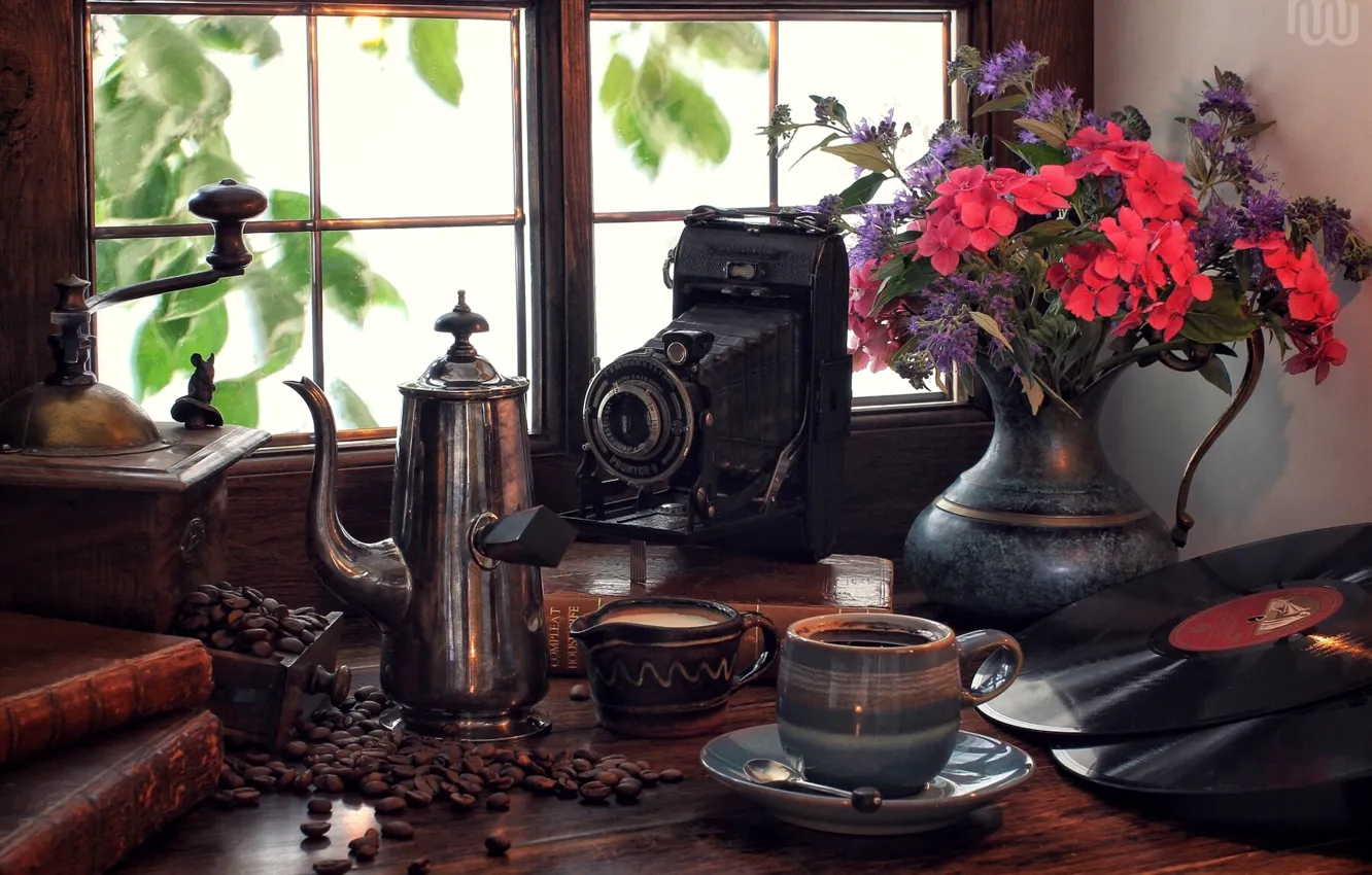 Фото обои цветы, ретро, книги, кофе, букет, окно, фотоаппарат, винил