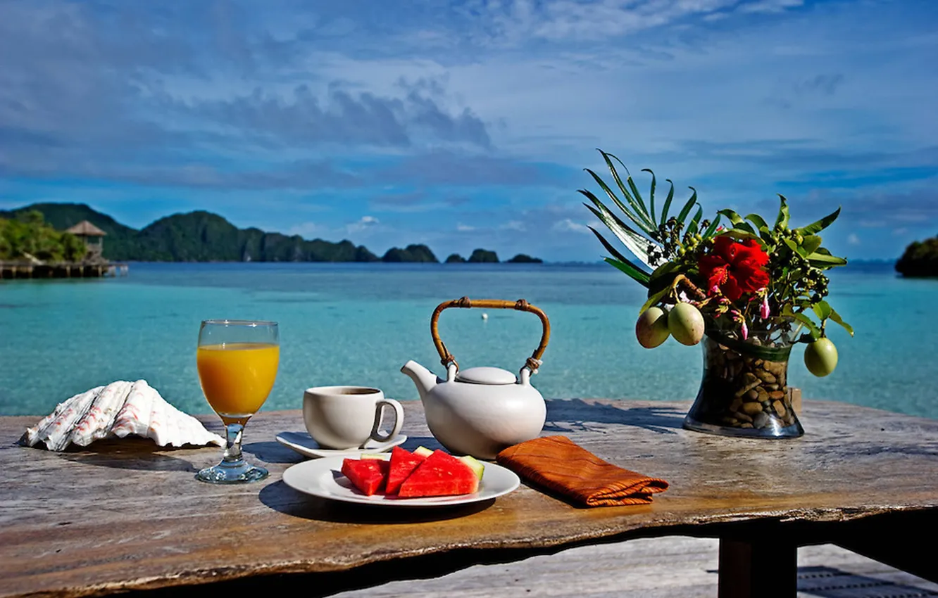 Фото обои тропики, завтрак, вид. океан