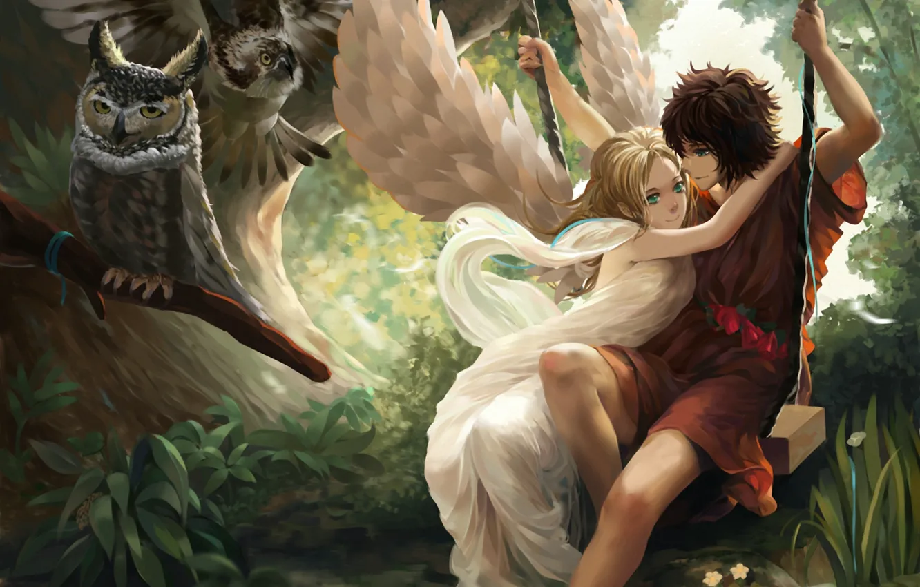 Фото обои лес, девушка, птицы, качели, сова, крылья, ангел, арт