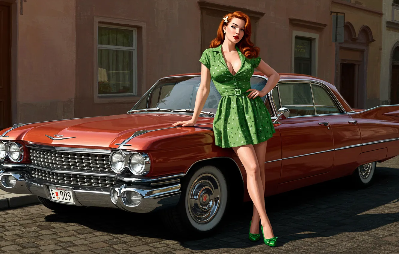 Фото обои car, авто, девушка, рисунок, арт, wallpaper, girl, пин-ап
