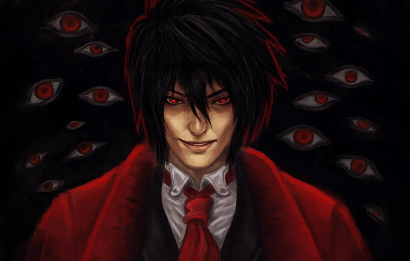 Фото обои глаза, взгляд, улыбка, вампир, парень, Hellsing, Хеллсинг, art