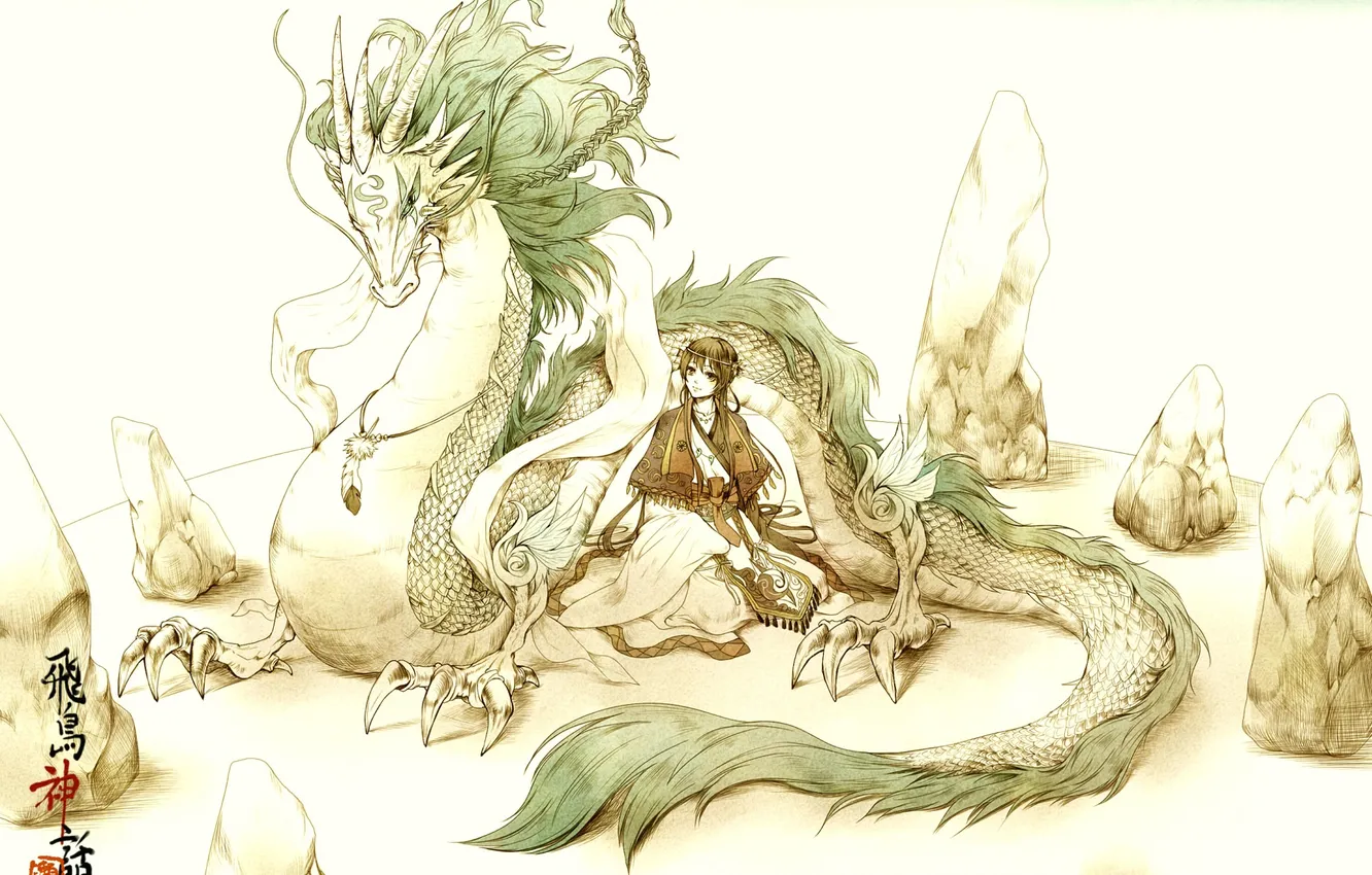 Фото обои перо, дракон, Девушка, валуны