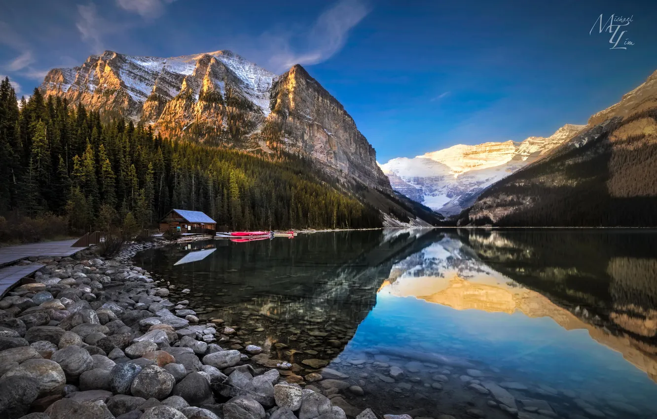 Фото обои лес, горы, природа, озеро, отражение, Канада