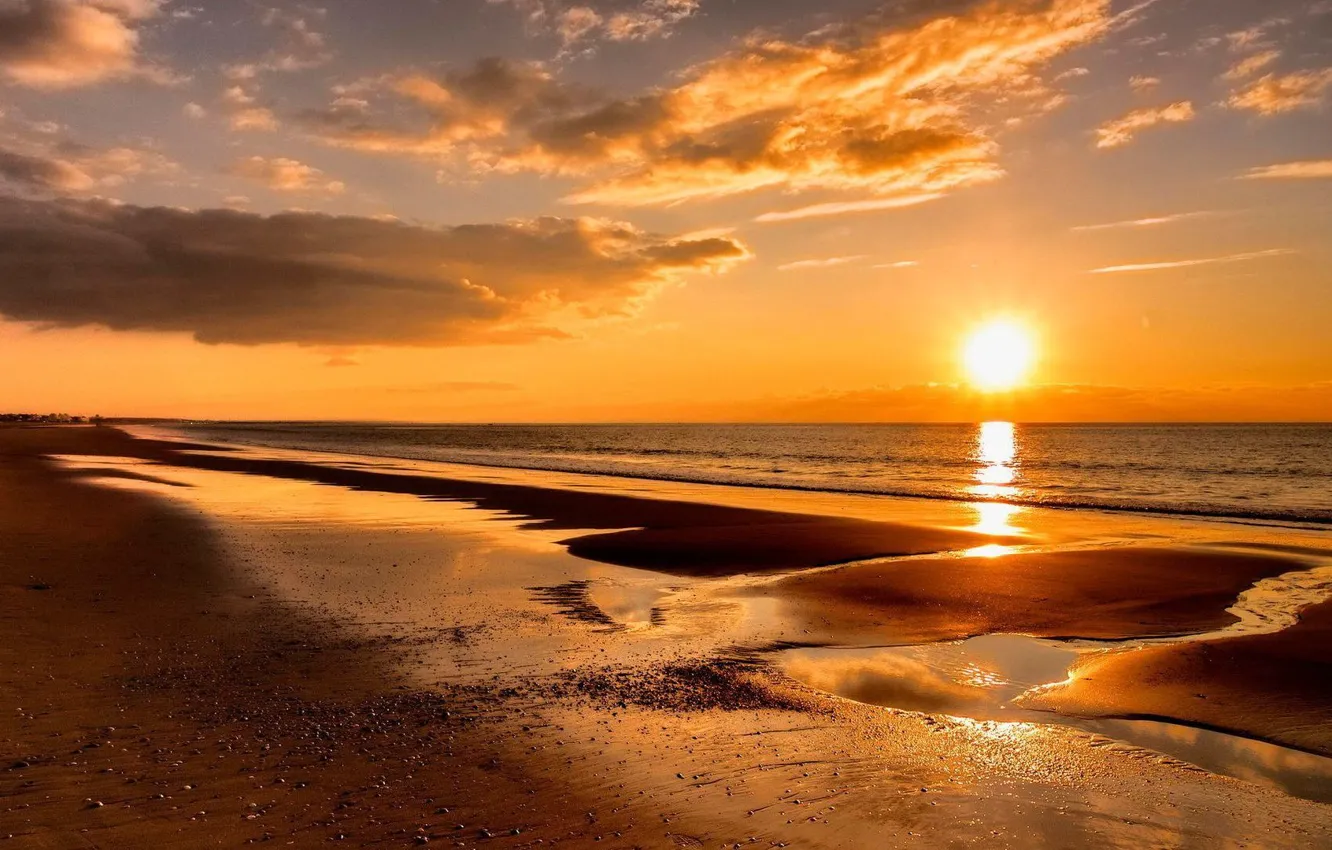 Фото обои песок, море, пляж, закат, golden sunset