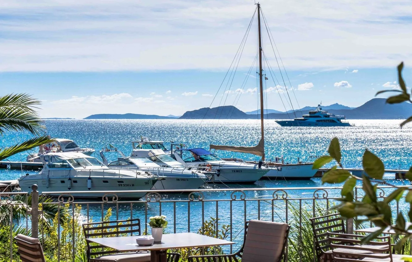 Фото обои море, пристань, яхты, Италия, ресторан, Сардиния, Olbia, Отель Gabbiano Azzurro