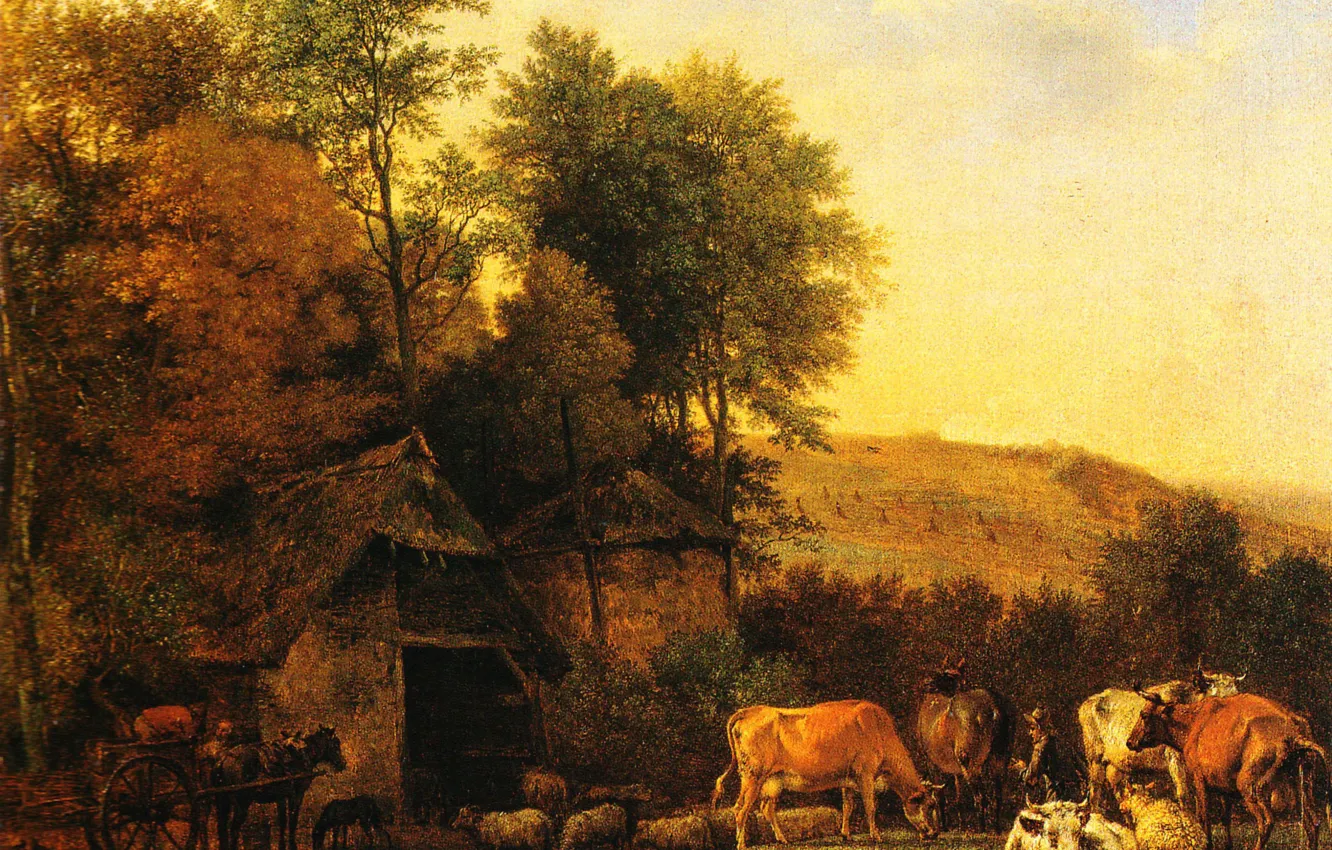 Фото обои картина, Паулюс Поттер, Пейзаж с Коровами и Овцами, Paulus Pieterszoon Potter