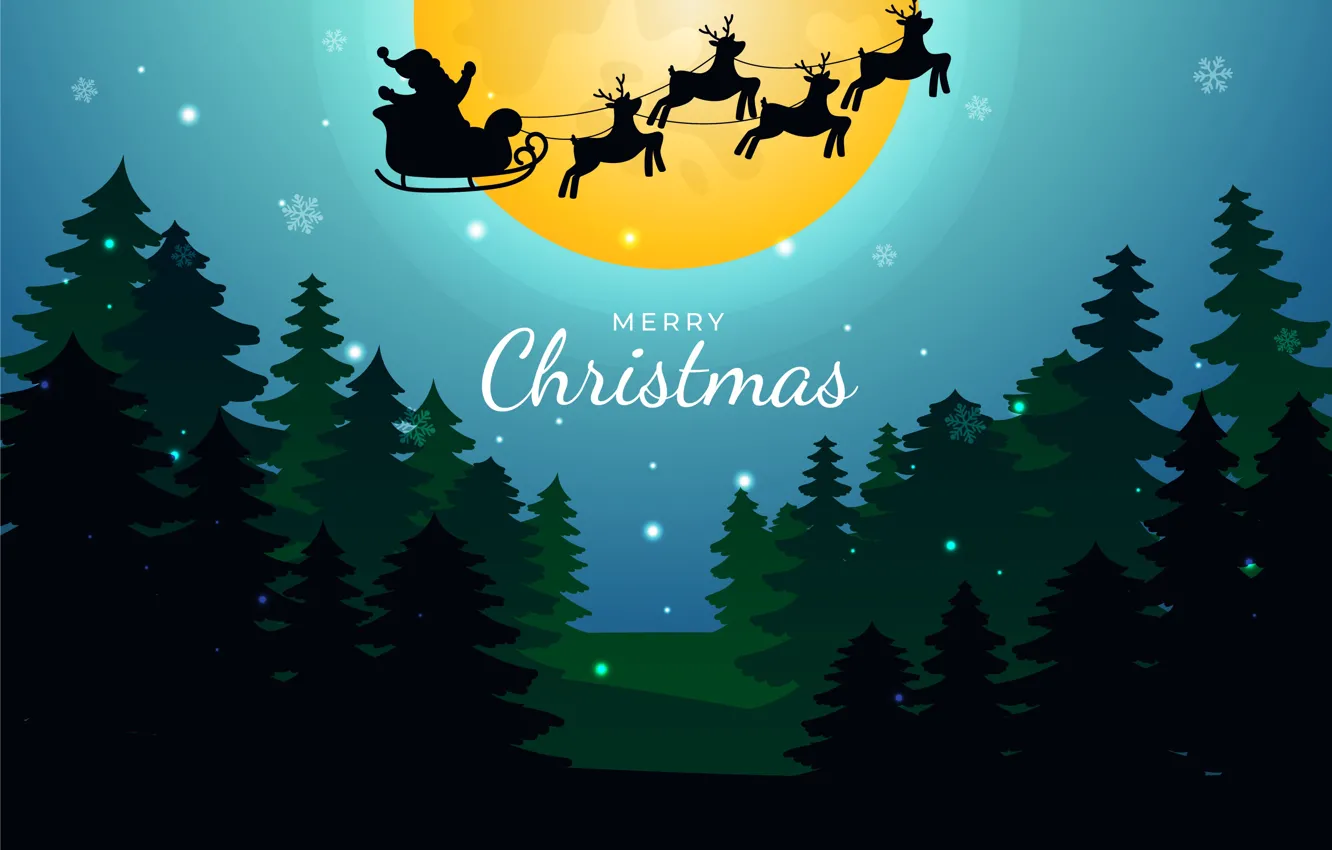Фото обои Зима, Ночь, Луна, Рождество, Новый год, Санта Клаус, Олени, Merry Christmas